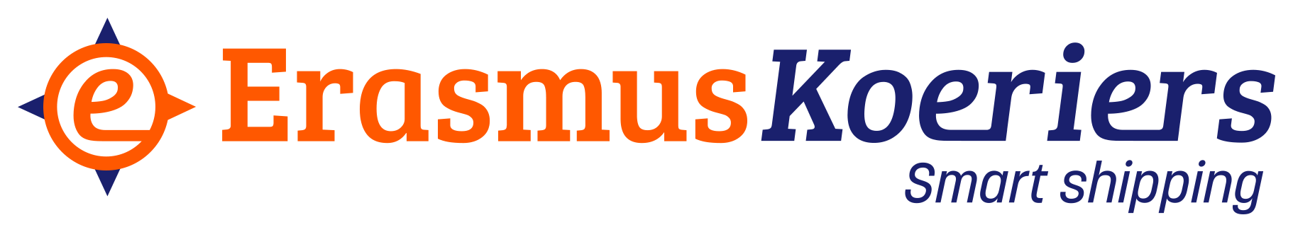 De E van Erasmus Koeriers omringt door een kompas (het logo) met daarnaast Erasmus in oranje en Koeriers in blauw en onderaan Smart Shipping in het blauw